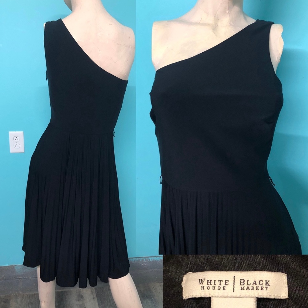 Vtg Y2K White House Black Market One Shoulder Perma Pleated Knee Length Dress~4